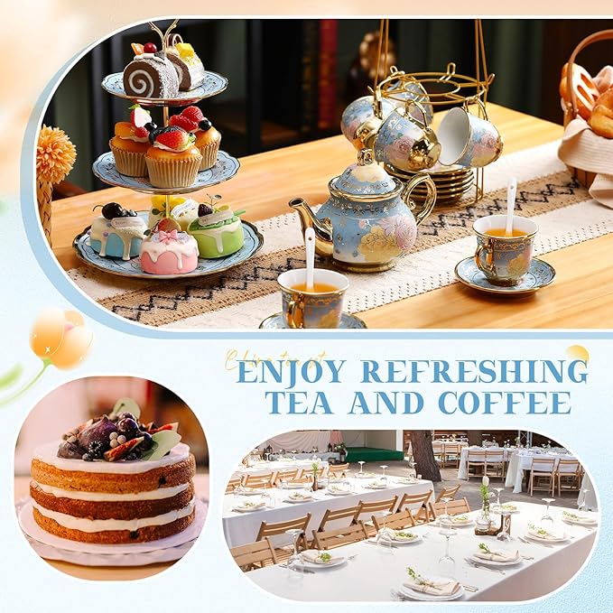 21 Pcs Ceramic Teapot Set Vintage Porcelain Tea Cups with Metal Holder and High Tier Cupcake Stand Saucers for Women Girls Farmhouse European Weddings Party Decor Gifts(Blue,Vivid)