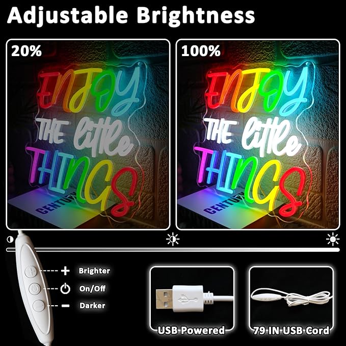 Enjoy The Little Things Neon Sign for Wall Decor Dimmable Inspirational Led Sign for Bedroom Motivational Neon Light for Home Classroom Study Room School Cafe Bar Club Party Decoration
