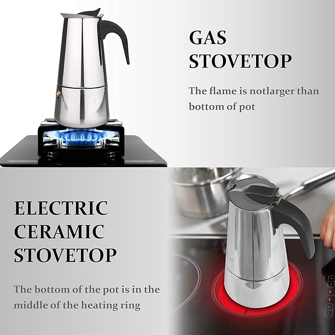 elabo Stovetop Espresso Machine and Moka Pot for Gas or Electric Ceramic Stovetop, Italian Espresso Coffee Shot Maker for Italian Espresso, Cappuccino and Latte, Stainless Steel 304, 10 Cups
