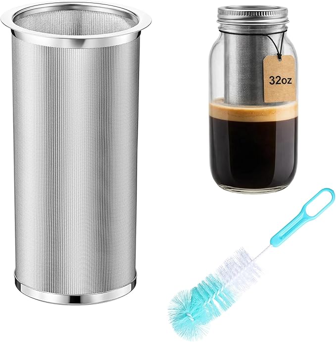 Cold Brew Coffee Filter with Brush Tea Infuser Strainer for 32 Oz/1 Quart Wide Mouth Mason Jar 304 Stainless Steel Food Grade Filter with Sealing Ring for Iced Drink Fruit Tea Coffee Maker