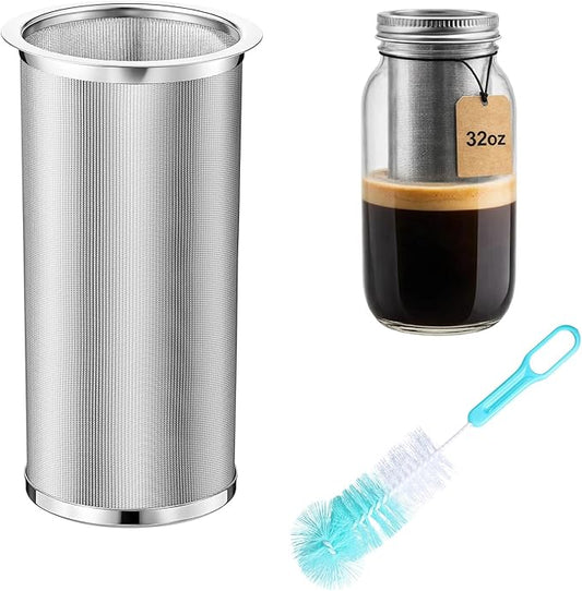 Cold Brew Coffee Filter with Brush Tea Infuser Strainer for 32 Oz/1 Quart Wide Mouth Mason Jar 304 Stainless Steel Food Grade Filter with Sealing Ring for Iced Drink Fruit Tea Coffee Maker