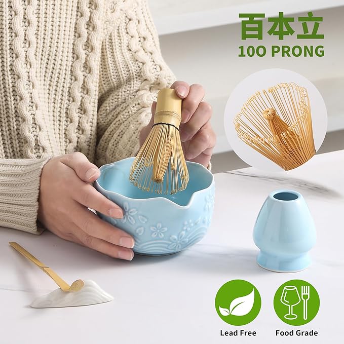 Matcha Whisk Set, 5 Pcs Ceramic Matcha Set, Matcha Kit Set Includes Matcha Bowl, Matcha Whisk and Holder, Bamboo Scoop and Sifter, Matcha Tea Set, Ideal Gift for Family/Friend (Blue)