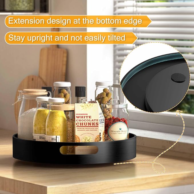 Lazy Susan Organizer Homerays 12 Inch Non-Skid Bamboo Lazy Susan for Kitchen Rotating Spice Rack with Handles, Wood Turntable for Kitchen Cabinet,Countertop (Black, Medium) - Image 4
