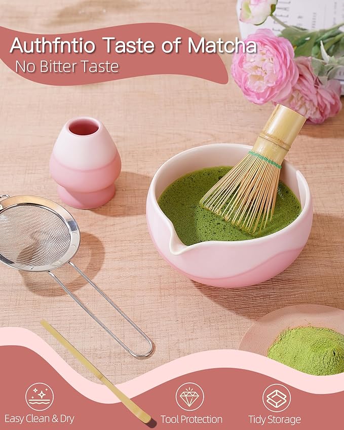 ZENS Matcha Whisk Set, Ceramic Matcha Kit Set Includes Matcha Bowl, Matcha Whisk and Holder, Bamboo Scoop & Holder, 304 Sifter and Tea Mat - 6Pcs Matcha Kit for Matcha Lovers-Pink