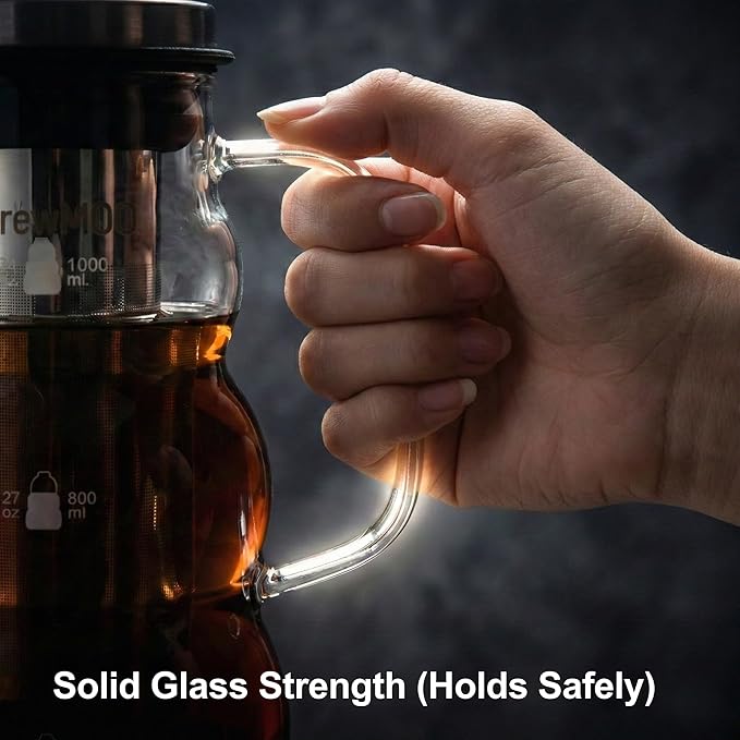 Cold Brew Coffee Pitcher (1.0L/34oz) - Elegant Sleek Wave Borosilicate Glass Pitcher with 100um 304 Stainless Steel Filter & Airtight Lid, Efforless Mannual for Beginner, Sophisticated Gift