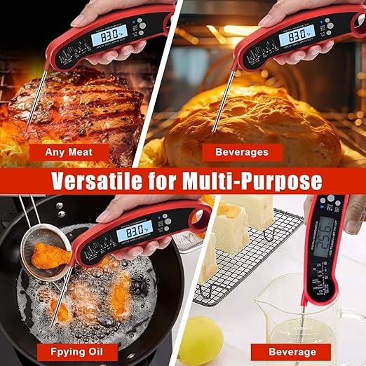 Digital Instant Read Food Thermometer with Backlight, LCD Display, Calibration Function, Built-in Bottle Opener for Grilling, BBQ, Turkey, Candy, Liquid Temperature Measurement, Red