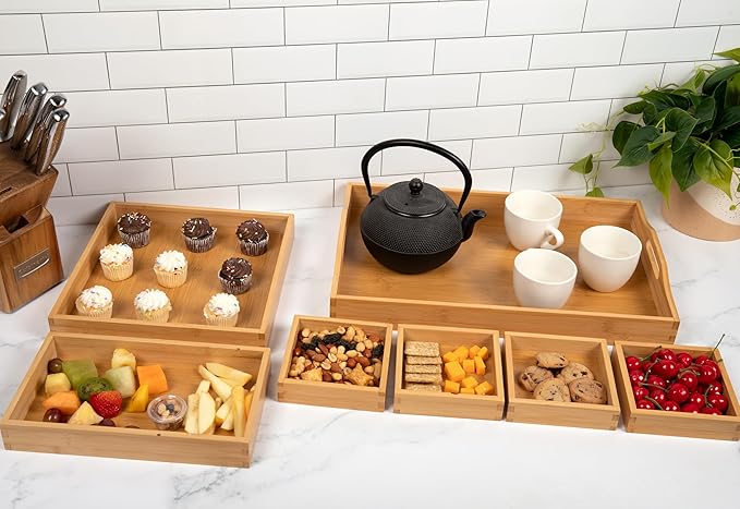 Wooden Tray with Handle - Set of 7 Bamboo Trays for Serving Food - for Breakfast in Bedroom, at Dinner or Coffee Table - Decorative Bamboo Tray