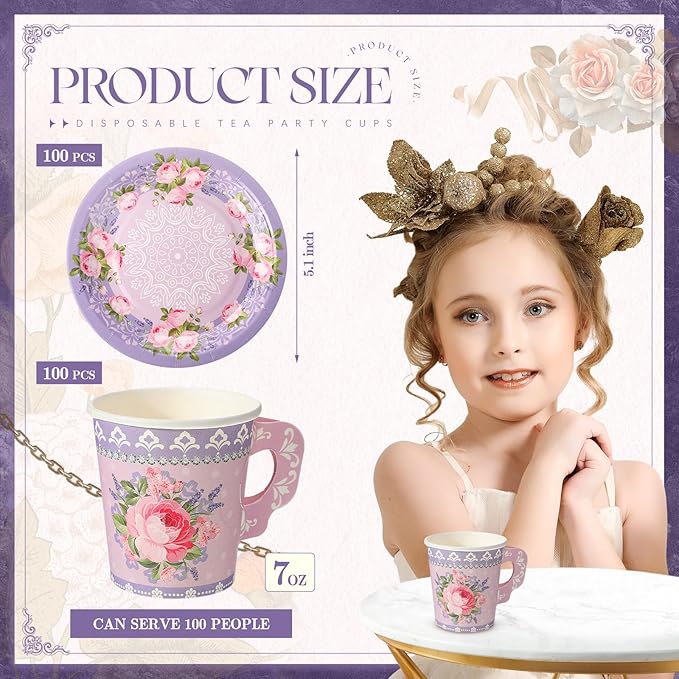 Nuogo 200 Pcs Floral Paper Tea Cups and Saucers 7 oz Disposable Tea Party Decorations Vintage Cute Paper Tea Cups and Plates with Handles for Wedding Baby Bridal Shower Birthday, Serve 100 (Purple)