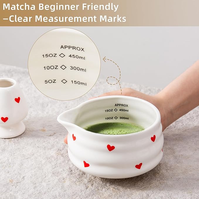 5pcs Premium Matcha Set,Ceramic Bowl with Spout and Bamboo Whisk set, Hearts Matcha Kit for breakfast/latte,Tea Starter Making Kit,Valentine Matcha Gift set (love)