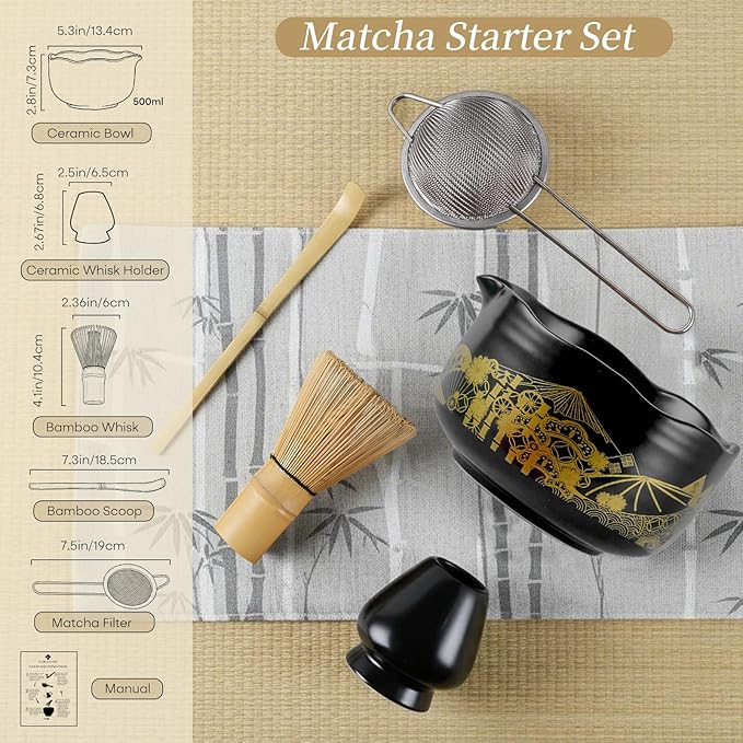 Matcha Whisk Set and Bowl Kit Black and Gold, Japanese Ceremonial Matcha Tea Kit Making Tools Ceramic Bowl and Whisk Holder Accessories Gift Set for Women Friends