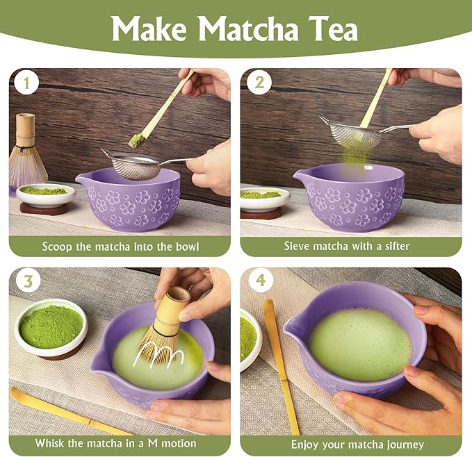 Matcha Whisk Tea Set Kit: Japanese Matcha Kit - Ceramic Bowl Bamboo Whisk Chasen Holder spoon Measuring Scoop Sifter - Traditional Practical for Tea Ceremony Breakfast Lattes - Home Kitchen Christmas