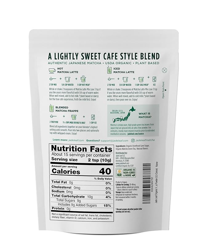 Jade Leaf Matcha Organic Vanilla Matcha Latte Mix - Lightly Sweet Japanese Matcha Green Tea Powder with Organic Cane Sugar for Café Style Blend, 5.3 Ounce / 150g (Pack of 1)