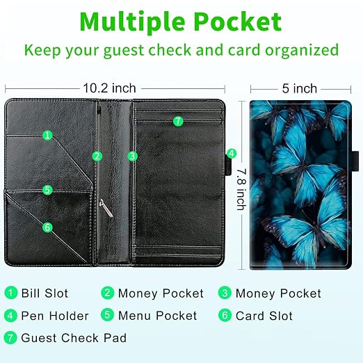 Server Books for Waitress, with 7 Large Pockets, Waiter Serving Book, Waitstaff Server Order Pads, Cute PU Leather Server Book with Pen Holder Fit Server Apron, Blue Butterflies - Image 3