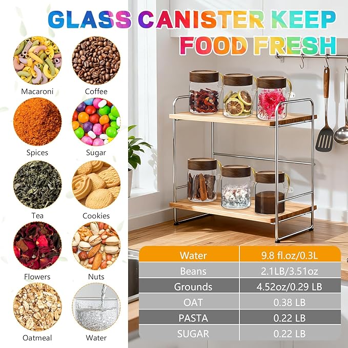 Small Glass Jar with Airtight Lids Spoons Sugar Ground Canister Round Food Storage Container for Spice Coffee Beans Nut Pasta Candy Rice Loose Tea (300ml/10oz-6Pack)
