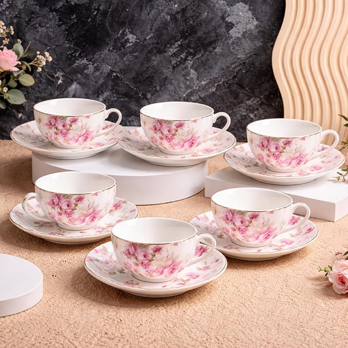 BTaT- Floral Tea Cups and Saucers, Set of 6, 7 oz, Fine Porcelain Teacup Set with Gold Trim for Afternoon Tea, Weddings, Parties & Gifting, Dishwasher Safe and Freezer Safe