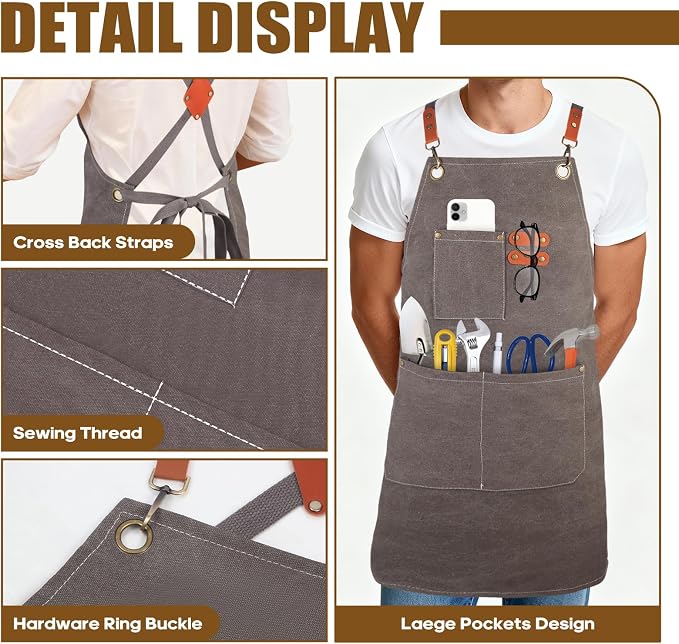 Aprons For Women Men With Large Pockets, Waterproof Cotton Chef Aprons For Cooking Server Grilling Bbq Kitchen - Image 3