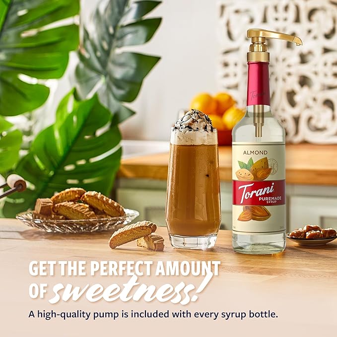 Torani Puremade Syrup, Almond Flavoring for Drinks, Glass Bottle with Pump Included, 25.4 Fl Oz