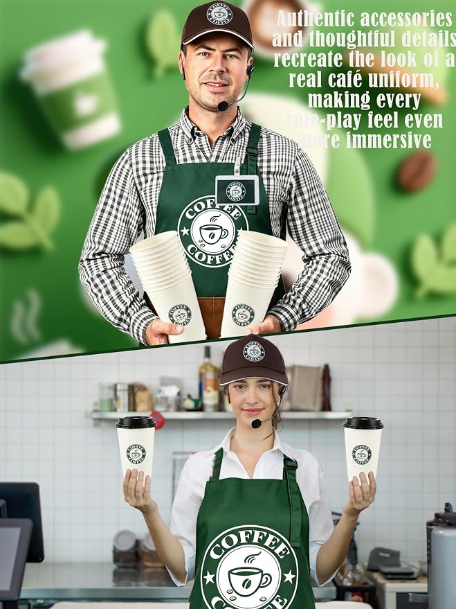 36 Pcs Halloween Barista Costume Set Coffee Maker Costume Outfit Include Green Aprons Cap Notebook Headset Name Tag Cards Cups and Pen for Adults Unisex Cosplay - Image 6
