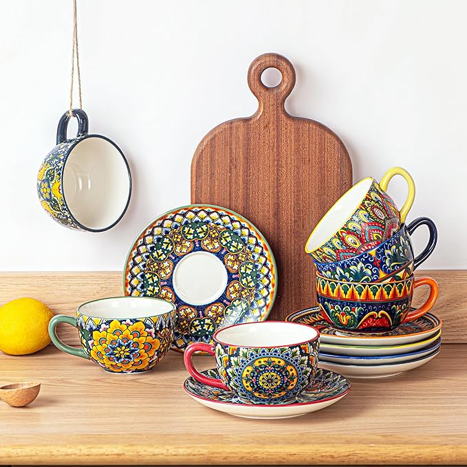 Henten Home 8.5 oz Cappuccino Cup and Saucers Set, Ceramic Coffee Cup Set of 6, Bohemian Cup for Latte, Tea, Hot Cocoa, Espresso, Microwave & Dishwasher Safe