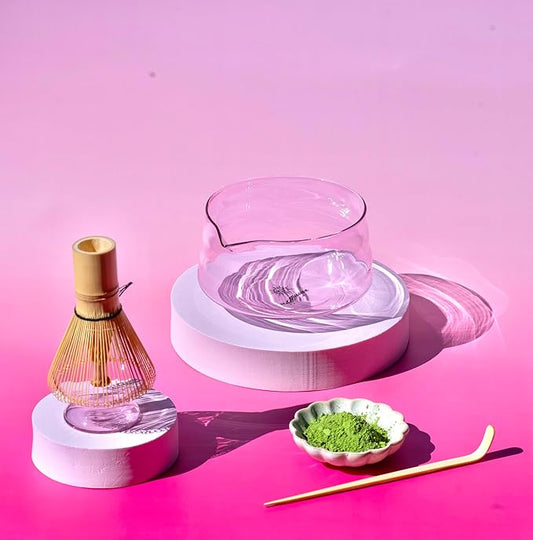 Matcha Whisk Set, 5-Piece Matcha Bowl and Whisk Kit with Bamboo Scoop, Glass Matcha Bowl, Holder, and Sieve – Handmade Borosilicate Glass (Rose Petal Pink)