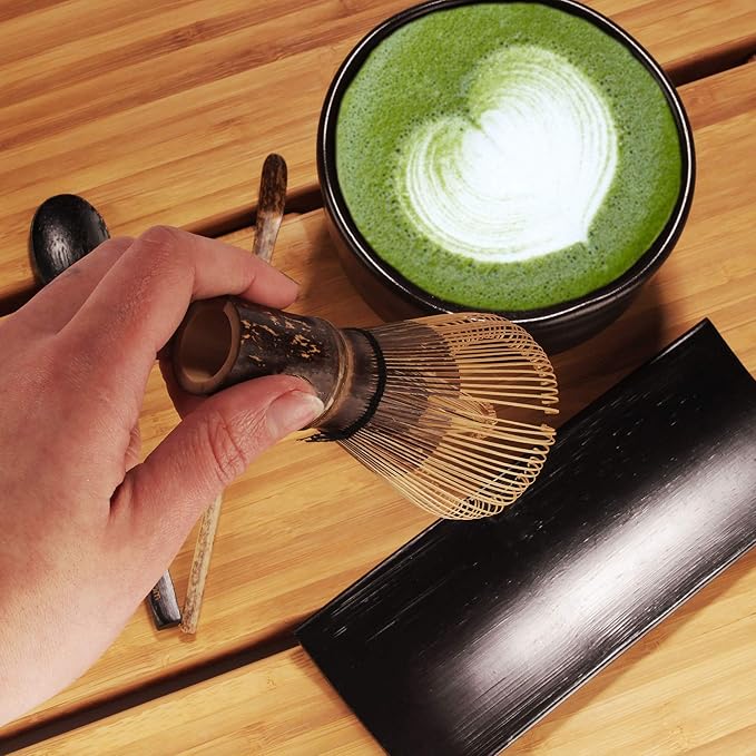 BambooMN Matcha Whisk Set - Black Chasen (Tea Whisk), Black Tray, Chashaku (Hooked Bamboo Scoop), Tea Spoon - 2 Sets