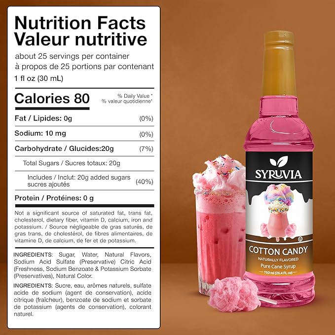 Syruvia Cotton Candy Syrup, Natural Flavors, Syrup for Drinks, Lattes, and Desserts – 25.4 fl oz