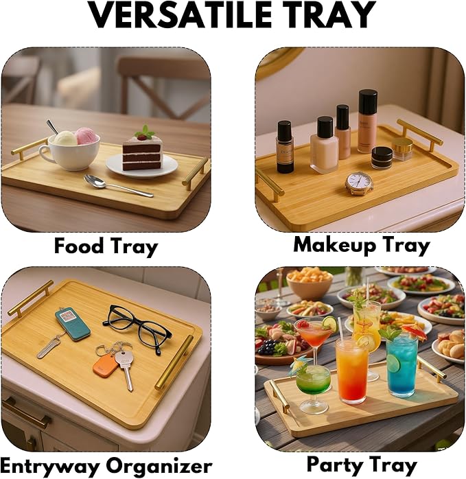 2 Pack Bamboo Serving Tray with Metal Handles, 15.8×11.4“ Solid Wooden Tray for Food, Rectangular Decorative Tray for Ottoman, Coffee Table, Living Room, Bathroom, Party
