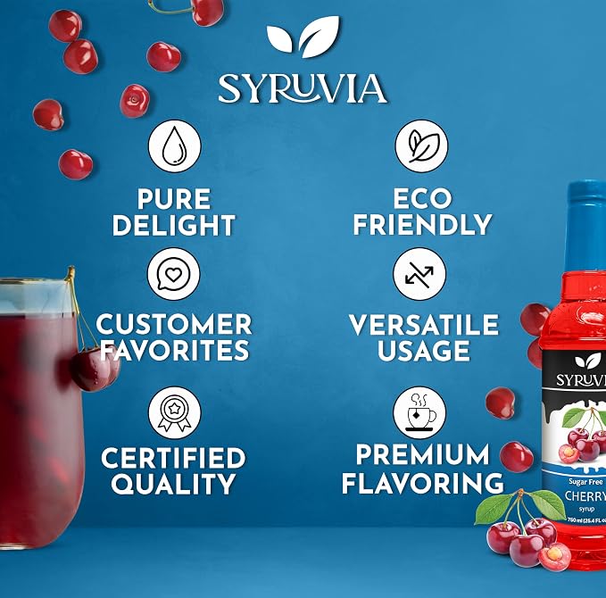 Syruvia Sugar-Free Cherry Syrup, Flavored Syrup for Drinks, Cocktails, Lemonades, Iced Teas, and Desserts – 25.4 fl oz, With Pump - Image 5