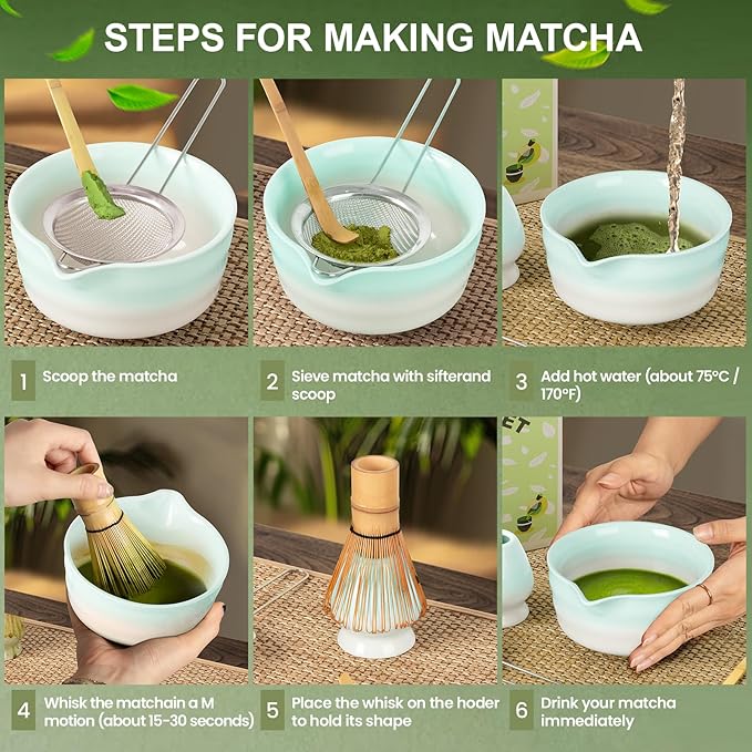 Dayacoco Matcha Whisk Set,Ceramic Matcha Kit Set Includes Bowl with Spout, Whisk,Holder,Bamboo Scoop and Sifter,5 pcs Matcha Tea Kit for Matcha Lovers, Ideal Gift Christmas, Birthday (Green gradient)