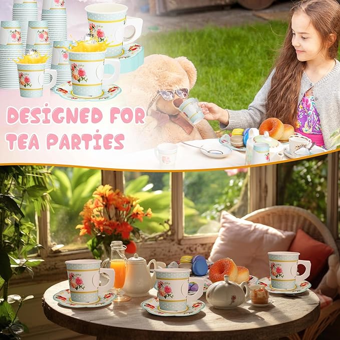 100 Pcs Tea Party Decorations Includes 50 7 oz Paper Tea Cups with Handle 50 Vintage Floral Plates Disposable Tea Cups and Saucers for Wedding Spring Party Birthday Hot Cold Drinks(Blue)