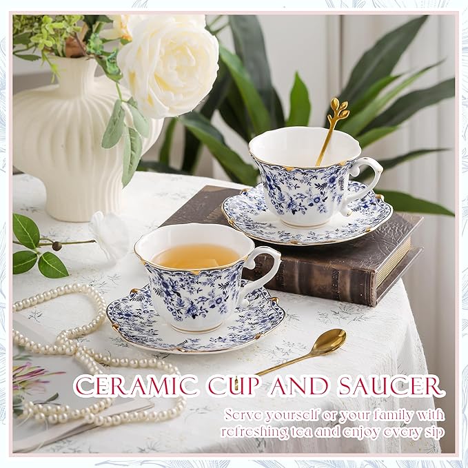 Country Roses Porcelain Tea Cup and Saucer Set with Gold Trim, Vintage Style, For Women and Tea Parties (1, Cyan)