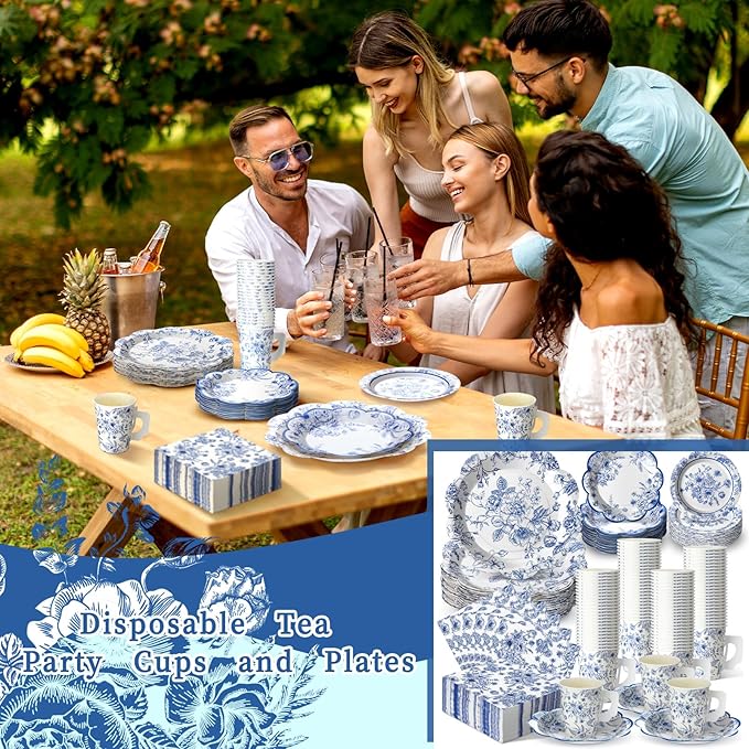 Pickmesh 252 Pcs Blue Floral Tea Party Supplies for 36 Guests Blue and White Porcelain Paper Disposable Dinnerware Floral Teacups with Handle and Saucers Set for Tea Party Decorations Birthday Wedding