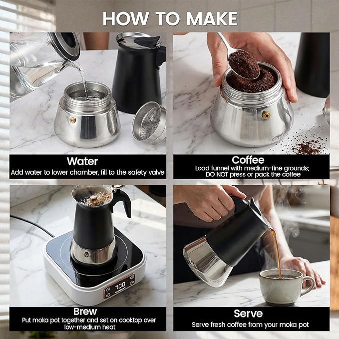 Moka Pot Coffee Maker 4 Cup with Mini Induction Cooktop - Stainless Steel Stovetop Espresso Maker Set 700W 120V Portable Burner for RV Travel Kitchen