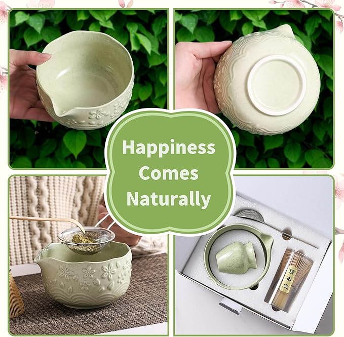 Matcha Whisk Set, 5 Pcs Ceramic Matcha Set, Matcha Kit Set Includes Matcha Bowl, Matcha Whisk and Holder, Bamboo Scoop and Sifter, Matcha Tea Set, Ideal Gift for Family/Friend (Cyan)