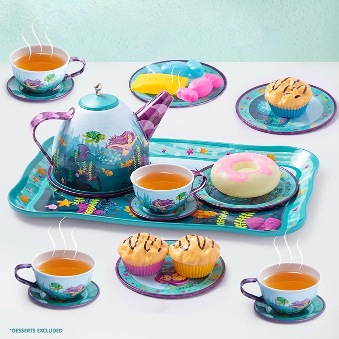 JOYIN Mermaid Tea Party Set for Little Girls, Pretend Tin Teapot Set, Princess Tea Time Play Kitchen Toy with Teapot, Cups, Plates, Carrying Case for Easter Birthday Gifts Kids Toddlers Age 3 4 5 6