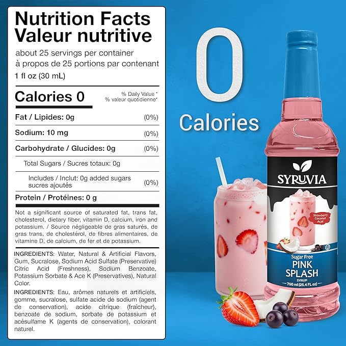 Syruvia Sugar Free Pink Splash Flavored Syrup for Drinks, Cocktails, Lemonades, Iced Teas and Desserts – 25.4 fl oz, With Pump - Image 2