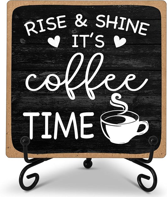 Farmhouse Coffee Bar Sign, Rise & Shine It's Coffee Time, 5"x5" Wood Plaque with Stand Gift for Home Kitchen Tabletop Decor -B09