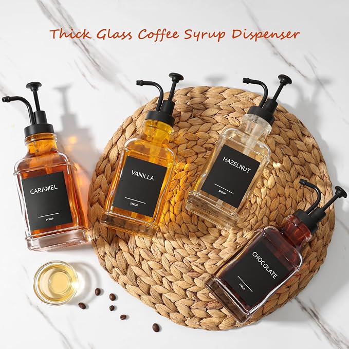 Coffee Syrup Dispenser, Coffee Bar Accessories 16.9 fl oz/500ml, Glass Syrup Dispenser with Pump Dispenser, Labels, Spoons for Coffee Bar, 4 Pack - Image 6