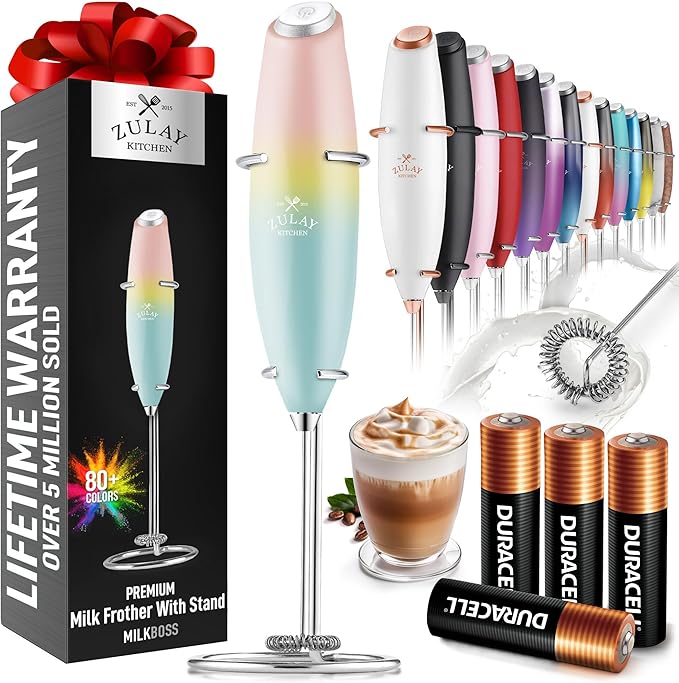 Zulay Kitchen Powerful Milk Frother Wand With 4 AA Duracell Batteries - Ultra Fast Handheld Drink Mixer - Electric Whisk Foam Maker for Coffee, Lattes, Cappuccino, Matcha & Creamer