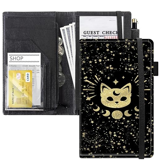 Server Books for Waitress, 5x9 Inch Waitstaff Server Order Pads, 11 Large Pockets, Cute PU Leather Waitress Book Server Wallet with Elastic Band Fit Server Apron,Golden Cat Moon Stars by Unknown
