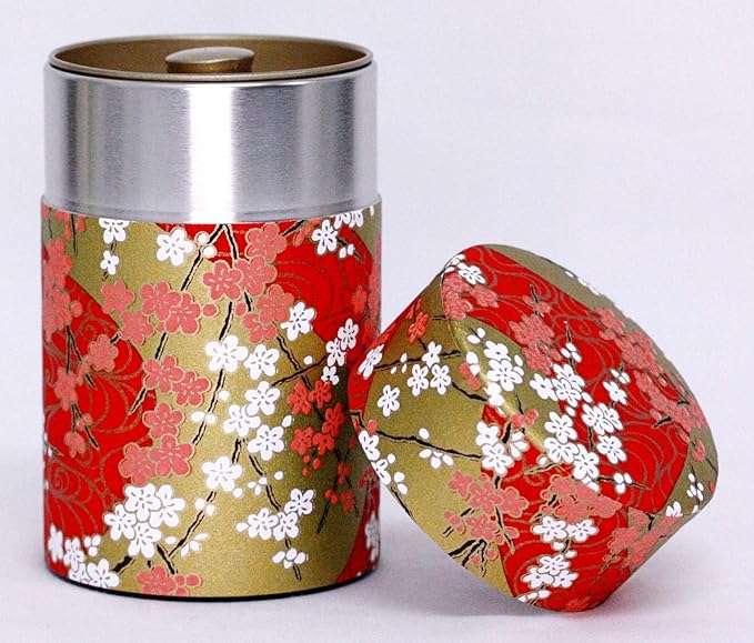 Washi Paper Tea Tin Canister: Long 3.5oz (100g) Plum-Blossoms with Sunrise Glow (#48), Japan