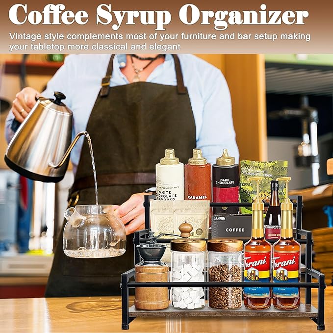 Klxuyuo 3-Tier Coffee Syrup Rack for 15 Bottles (750ml) –Sturdy Coffee Syrup Organizer for Bar, Kitchen, Café, Office