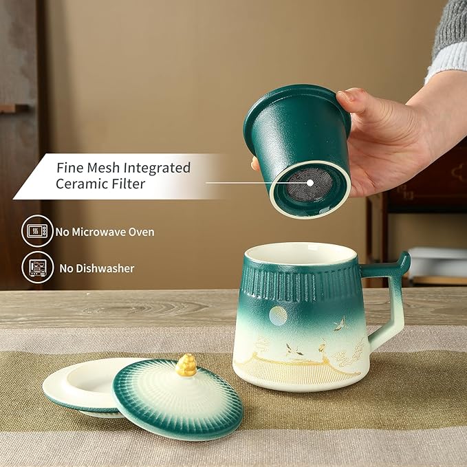 Tea Cup with Infuser and Lid,Loose Leaf Tea Steeper Cup 14.8oz Ceramic tea Infuser Mug Travel Large Steeping Cup Diffusers Mugs with Fine Strainer and Handle (White&Green)