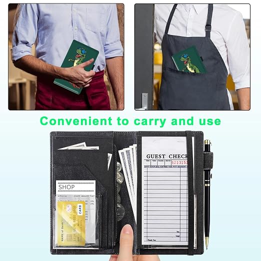 Server Books for Waitress, 5x9 Inch Waitstaff Server Order Pads, 11 Large Pockets, Cute PU Leather Waitress Book Server Wallet with Elastic Band Fit Server Apron,Surfing Dinosaur - Image 4