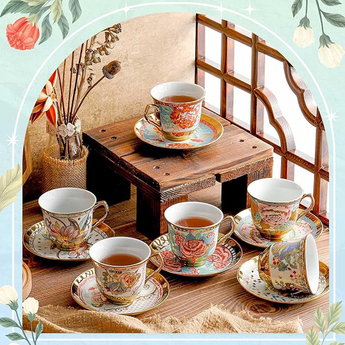 Set of 12 Tea Cups and Saucers Tea Party Decorations Floral Porcelain 5.4 oz British Gift for Women Birthday Party, Church, and Mother's Day (Vibrant Style)