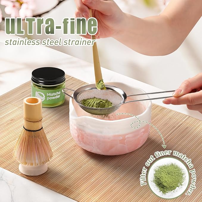 Birthday Gifts for Women: Matcha Whisk Set with Ceramic Matcha Bowl - Bamboo Matcha Whisk & Holder,Bamboo Scoop,Sifter - Complete Matcha Kit 5 Pcs - Gift for Matcha Lovers