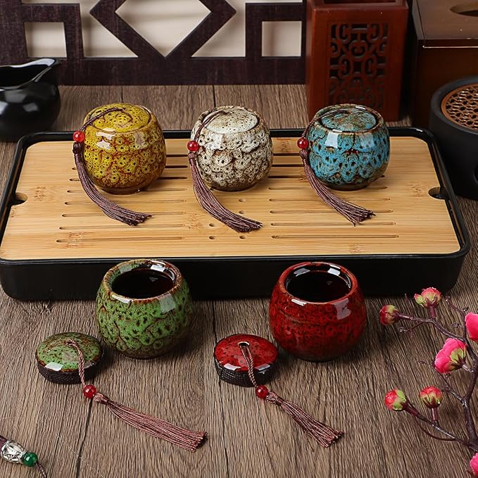 5Pcs Mini Tea Storage Containers Vintage Chinese Style Tea Leaves Sealing Can Portable Ceramic Tea for Coffee Candy Chocolate Sugar Spices (random color)