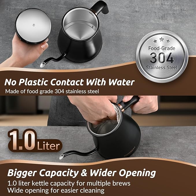 Electric Gooseneck Kettle 1L 1200W, 6 Temperature Presets, Quick Heating Pour Over Kettles for Coffee & Tea with Auto Shut-off, Stainless Steel Inner & Lid, Matte Black