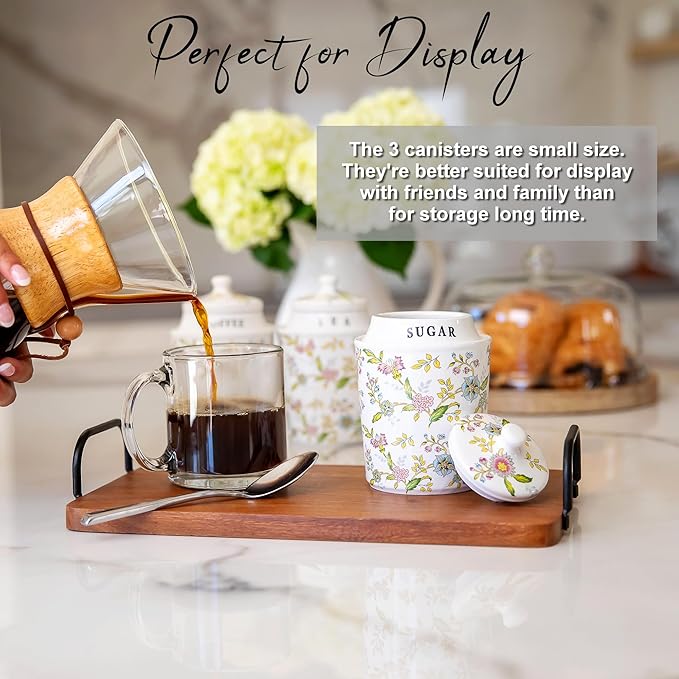 Small Coffee Tea Sugar Canister Set with Airtight Lids - Elegant Flower Kitchen Canisters Set of 3 Pantry Jars Containers - Decorative Ceramic Canister Set for Countertop or Coffee Bar - 13.5 Ounce