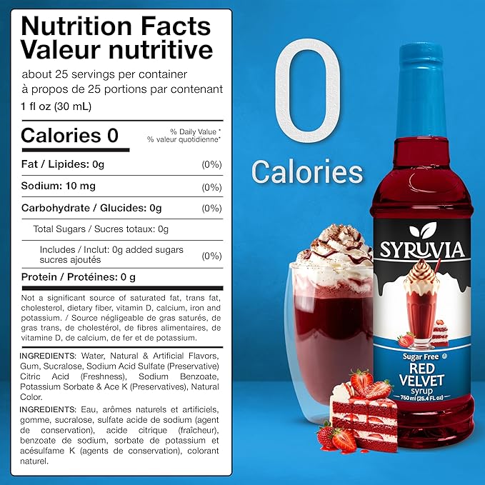 Syruvia Sugar Free Coffee Syrup, Red Velvet Flavored Syrup for Drinks, Lattes, and Desserts – 25.4 fl oz
